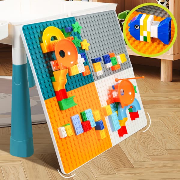Barnbord med 251 byggklossar och 2 stolar, justerbar höjd, med förvaringslåda, 51×51 cm
