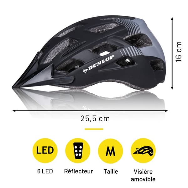 Cykelhjälm - Dunlop - M - Svart - Justerbar 55-58 cm - 6 LED med 3 lägen för belysning