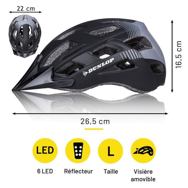 Cykelhjälm - Dunlop - Storlek L - Svart - 6 LED-lampor - Justerbar 58-61 cm