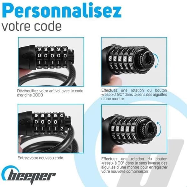 Tyverisikring til scootere og cykler - BEEPER - 60 cm kabel - 4-cifret kode - Blå