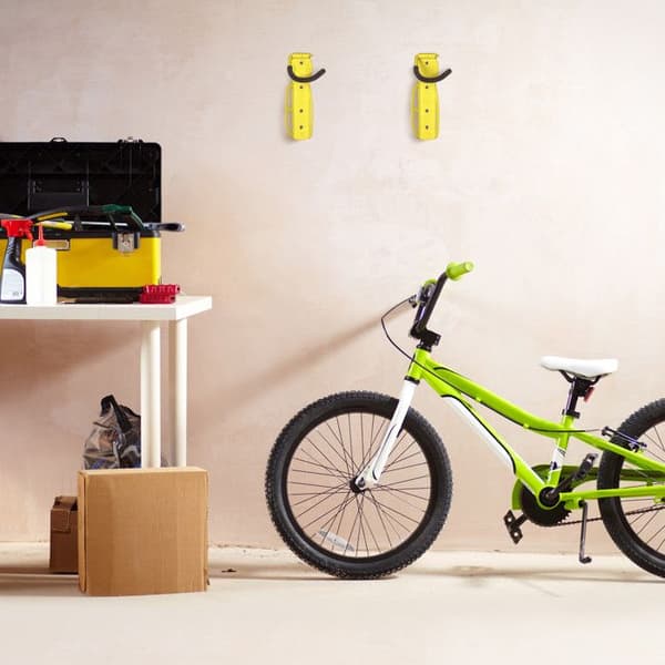 Relaxdays Väggfäste för cykel, set om 2, hopfällbar, bär upp till 25 kg, vertikal väggmontering, gul