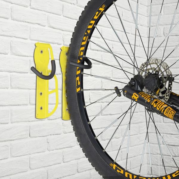 Relaxdays Väggfäste för cykel, set om 2, hopfällbar, bär upp till 25 kg, vertikal väggmontering, gul