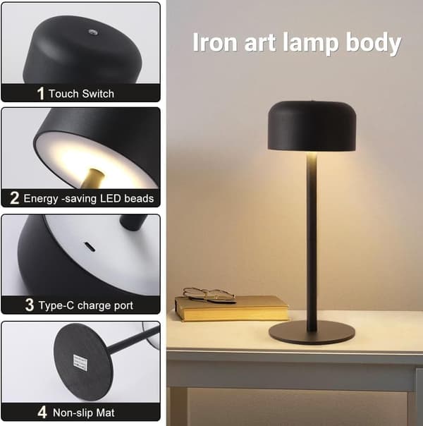 OBOSOE LED Trådløs Bordlampe, Bærbar 5000mAh Udendørs Bordlampe, 3 Farver Trinløs Lysdæmper Natbordslampe Med Hukommelsesfunktion
