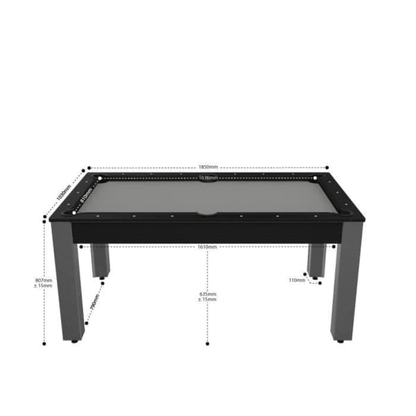 Florida biljardbord konverterbart till ett matbord - 6 personer - svart kornig grå matta - MDF - 183x43x13cm