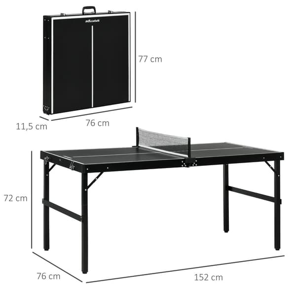 Mini Bordtennisbord, 152x76x72 cm, Sort
