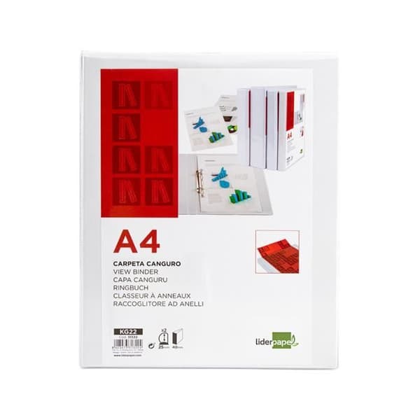 Liderpapel känguru pärm 2 ringar 25mm 283x320mm A4 dokument plast rygg 40mm vit färg