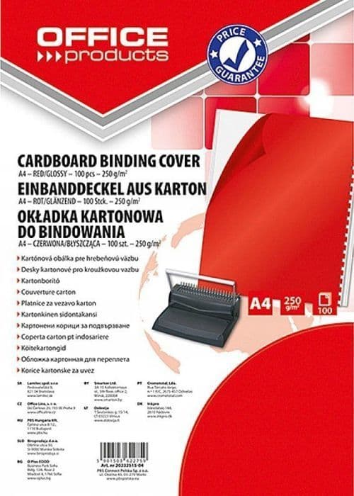 Kontorsprodukter - 20232515-04 - inbindningsomslag, kartong, A4, 250 g/m², glansig, 100 stycken, röd