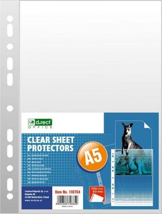 D.rect förpackning med 100 genomskinliga A5-dokumentfickor 50um/mikron tjocklek 0,05 mm klarfilm Förpackning A5-film
