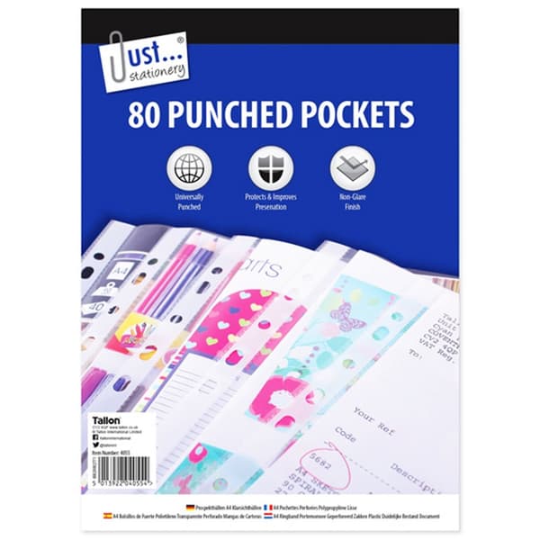 Just Stationery A4 Clear Plastic Punched Pockets (Pack Of 80)