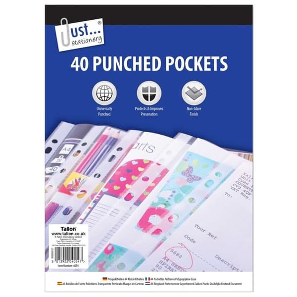 Just Stationery Lommer med plastikhuller (pakke med 40 stk.)
