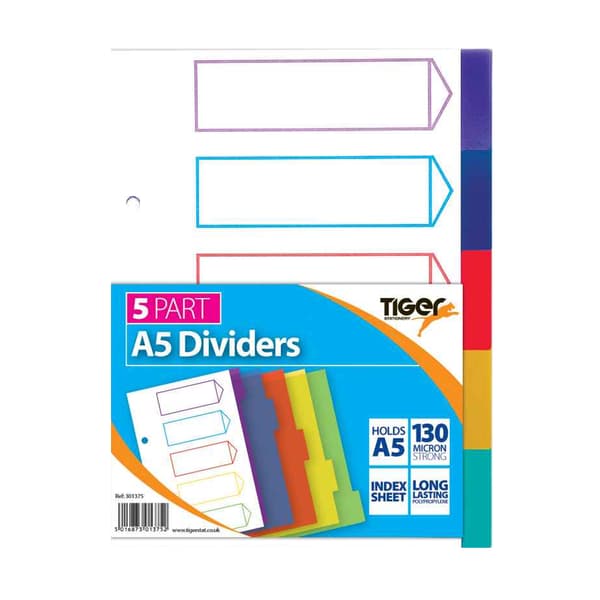 Tiger Polypropylene Index Dividers (Pack of 5) Multicoloured One Size