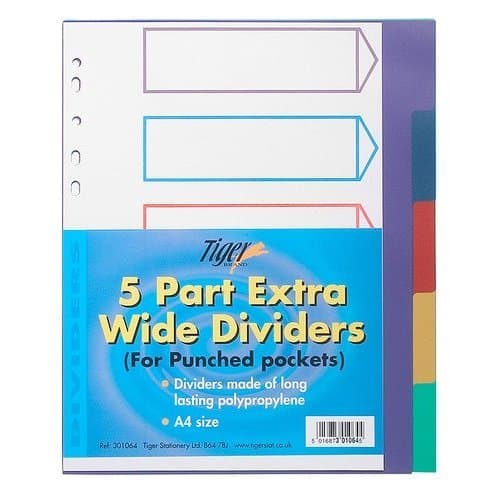 Tiger Stationery Polypropylene A4 Index Dividers (Pack of 5) White/Multicoloured One Size