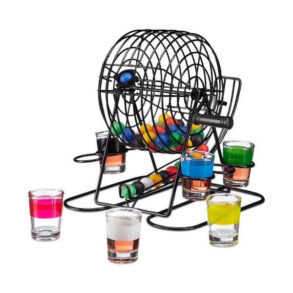 Relaxdays Dryckespela Bingo, lototunna med vev och fäste, 6 shotglas, 48 bollar, svensexa/svensexa, färgglad
