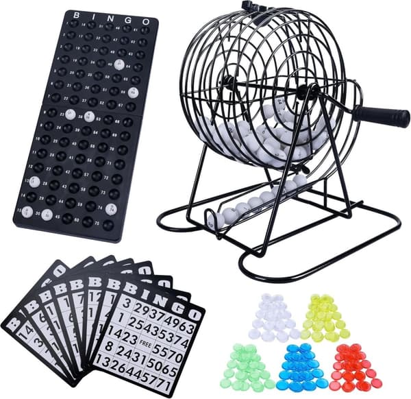 OBOSOE Bingo Spilleautomat med håndsving – Metallisk Lotto Maskine til Fester og Draw Lots med Bolde, Kort og Chips