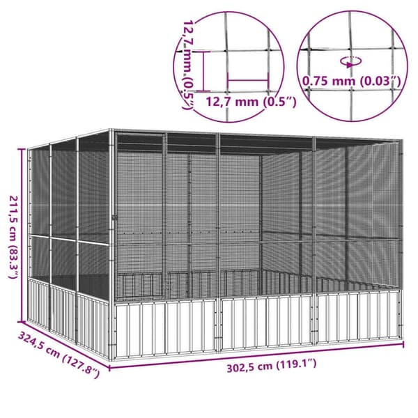 vidaXL Fuglebur grå 302,5x324,5x211,5 cm galvanisert stål