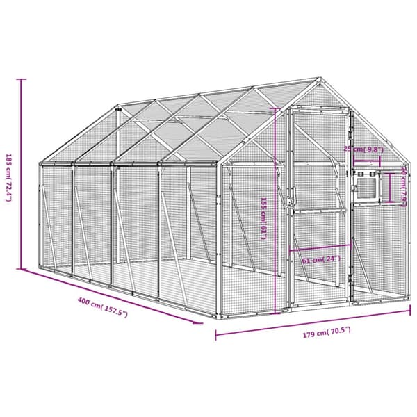 vidaXL Aviaario hopea 1,79x4x1,85 m alumiini -  Lintuhäkit & -telineet