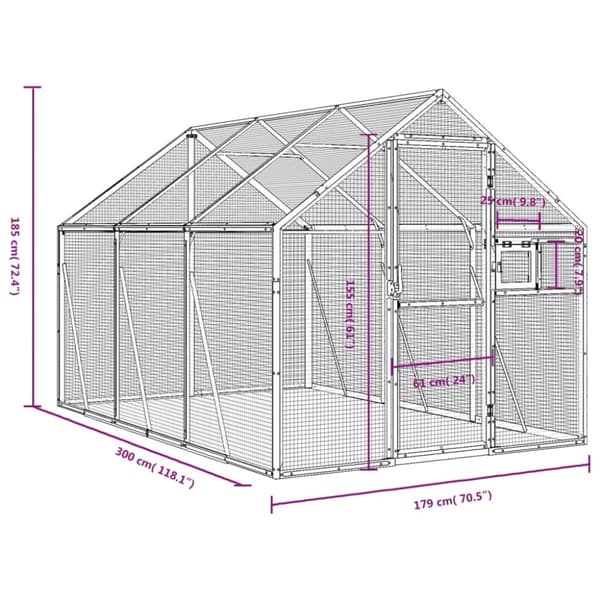 vidaXL Aviaario hopea 1,79x3x1,85 m alumiini -  Lintuhäkit & -telineet