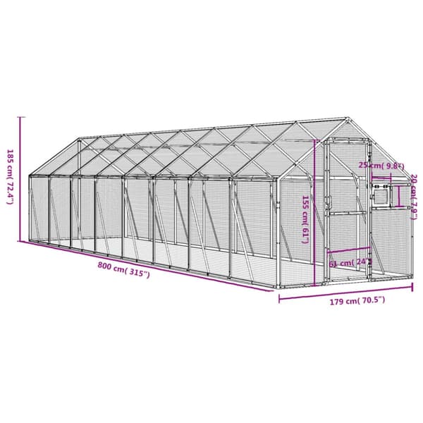 vidaXL Fågelvoljär silver 1,79x8x1,85 m aluminium -  Fågelburar & ställningar