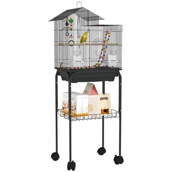 Fågelbur, Stålmaterial, 48x64x74 cm, Mobil med hjul,46x36x120 cm, Svart