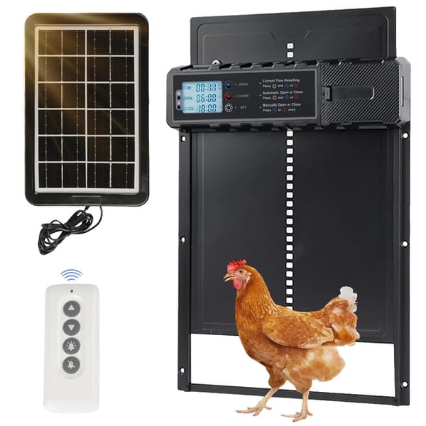 Automatisk hönshusdörr, solenergiförsörjning, smarta säkerhetsfunktioner,svart