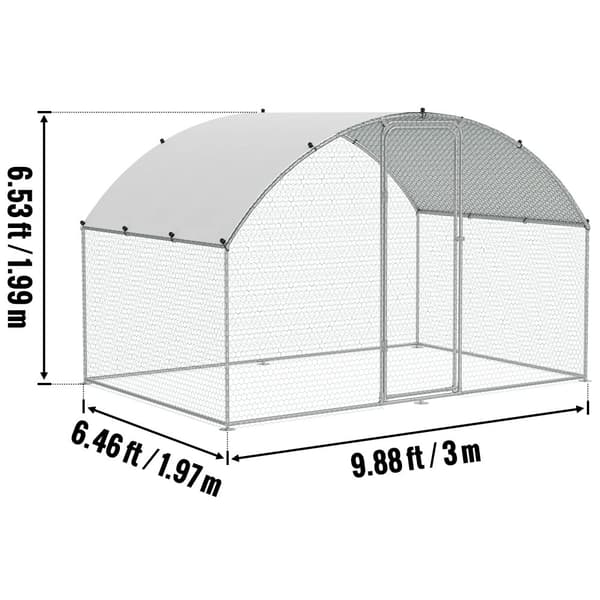 Stort Metal Hønsehus, Galvaniseret Stål, 3x7,83x1,99 m, Hexagonal Beskyttelsesnet,2x3x2m Kuppel