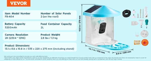 Smart Fugl Foderautomat, 2K HD Kamera, Solcelledrevet, 2L Kapacitet,Blå