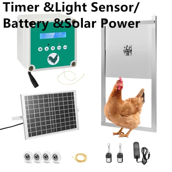 Automatisk Hønsehus Døråbner, Timer og Lysføler, Solbatteri Drev, Vandtæt,EU STIK, batteri solenergi