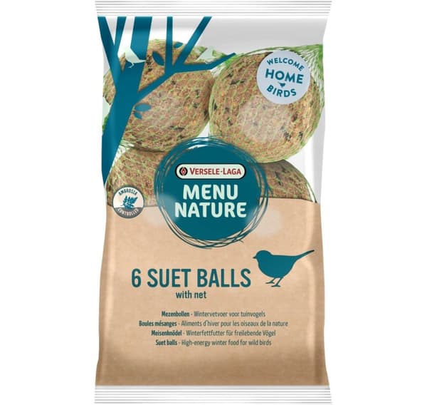 Menu Nature 6 talgbolde (display 30) Suetkugle - vinterfedtfoder til vilde fugle (med net, af 6 i plast) 540g