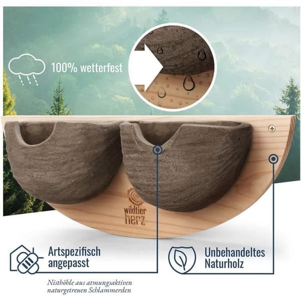 Svalbolåda - Två dubbla bon - Trä med väggfäste