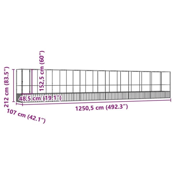 vidaXL Voljär med utbyggnad silver 1250,5x107x212 cm stål