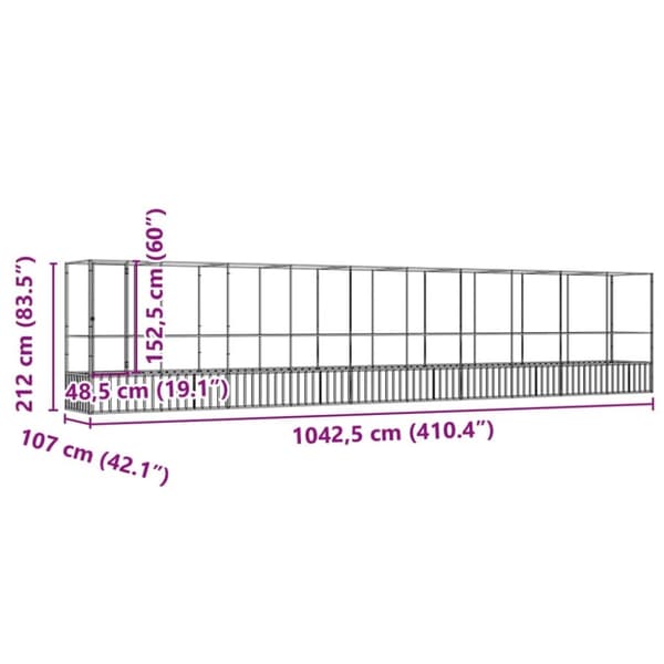 vidaXL Voliere med forlengelse sølv 1042,5x107x212 cm stål