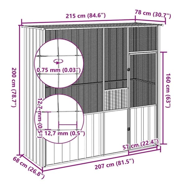 vidaXL fuglebur 215x78x200 cm galvaniseret stål grå