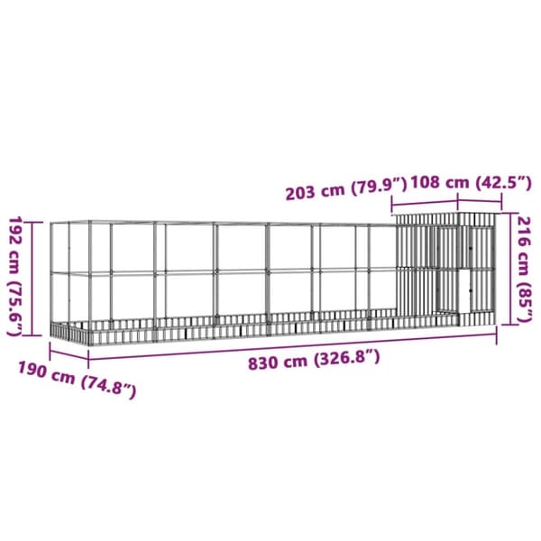 vidaXL Voliere med forlengelse sølv 830x203x216 cm stål
