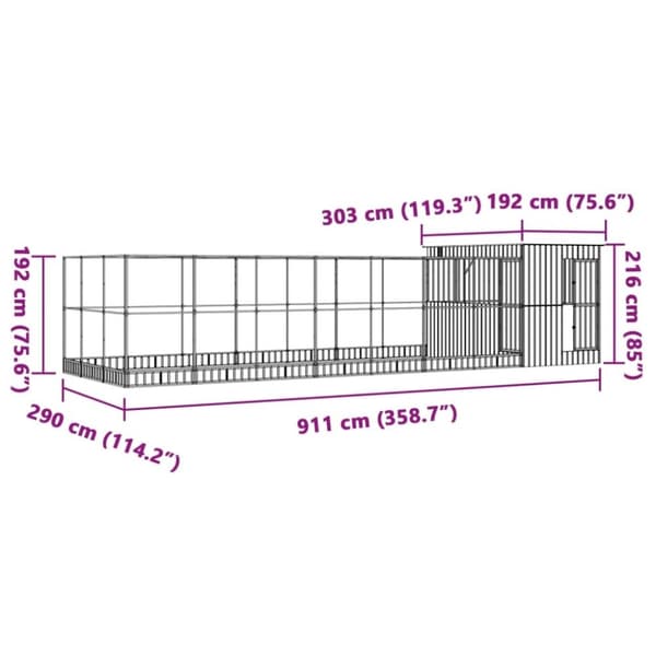vidaXL Voliere med forlengelse sølv 911x303x216 cm stål