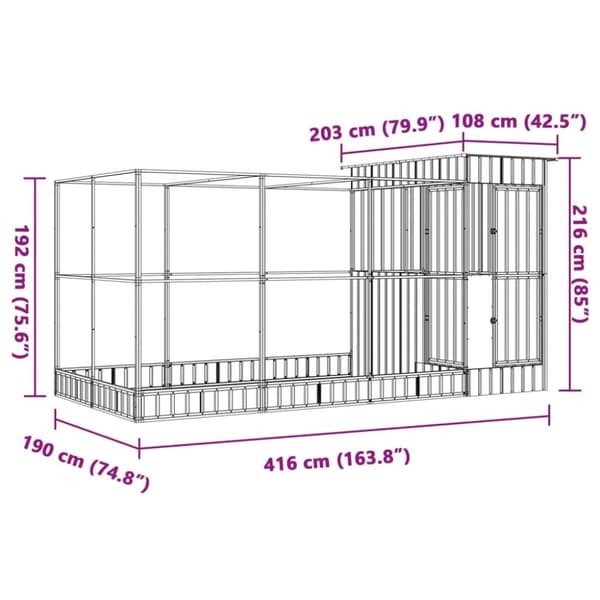 vidaXL Voliere med forlengelse sølv 416x203x216 cm stål
