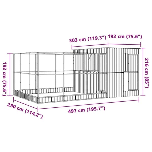vidaXL voliere med udvidelse 497x303x216 cm stål sølvfarvet