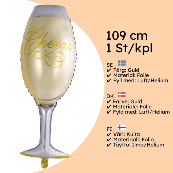 Folioilmapallo samppanjalasin muotoinen Cheers