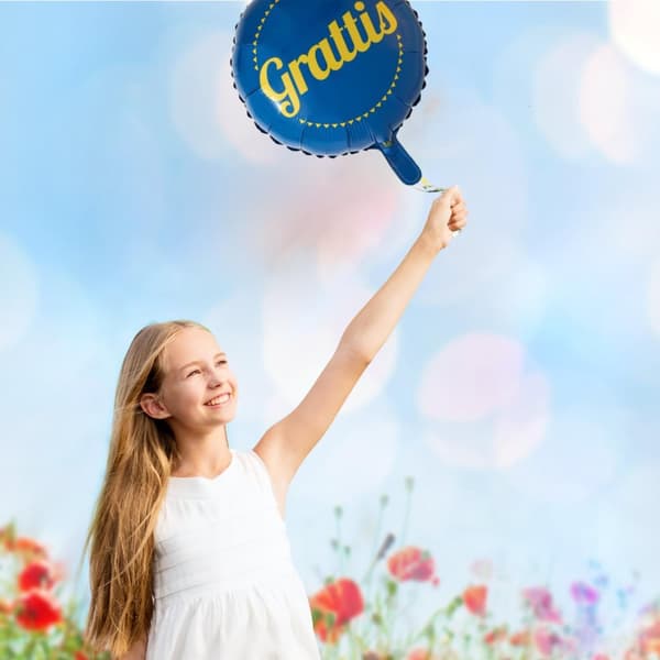 Grattis! Ilmapallo Ruotsin lipun väreissä juhlatilaisuuksiin - koristele tyylillä ja ilolla