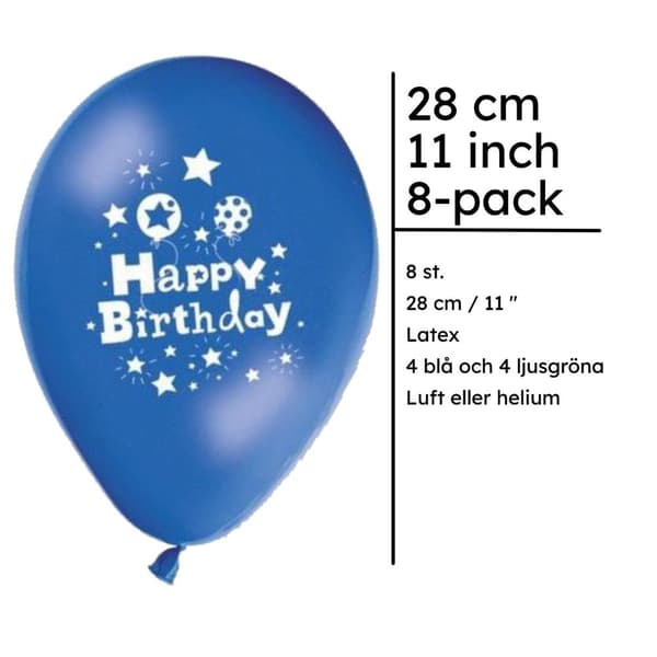 Ilmapallot  Happy Birthday 4 sinistä ja 4 vaaleanvihreää - 28 cm