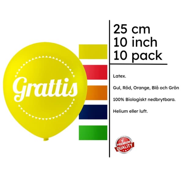 Ballonger i blandade färger med texten 'Grattis'