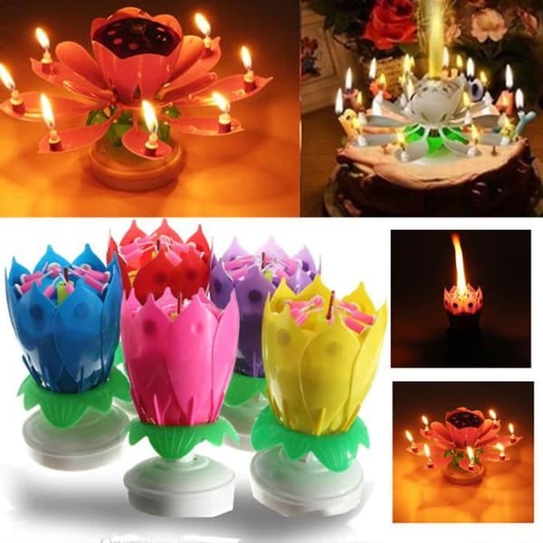 Födelsedagsljus Blomma Lotus Rotation Musik Dekoration Tårta Party Färg Lila