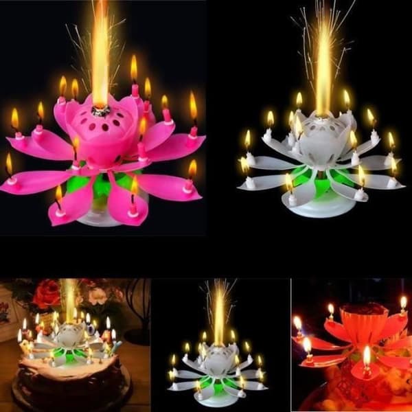 GR04557-Födelsedag Ljus Blomma Lotus Rotation Musik Fest Tårta Dekoration Rosa Färg