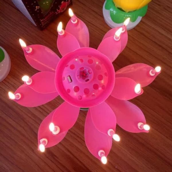 GR04557-Födelsedag Ljus Blomma Lotus Rotation Musik Fest Tårta Dekoration Rosa Färg