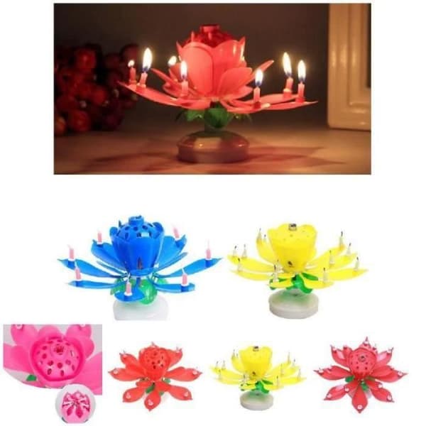 BT07985-Födelsedagsljus Blomma Lotus Roterande Musik Dekoration Tårtfest Med 14 små ljus RÖDA