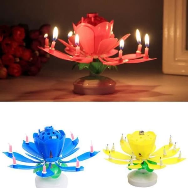 BT07982-Födelsedagsljus Blomma Lotus Roterande Musik Dekoration Tårtfest Med 8 små ljus GUL