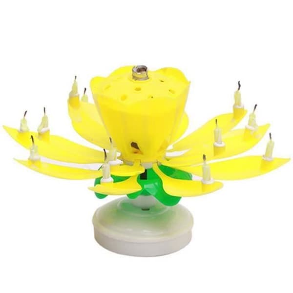 BT07984-Födelsedagsljus Blomma Lotus Roterande Musik Dekoration Tårtfest Med 14 små ljus GUL