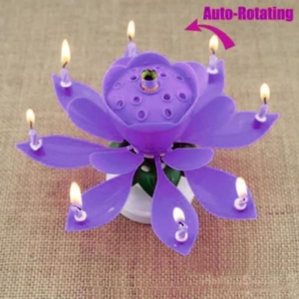 1xlila kreativ tårt topper födelsedagsljus lotusblomma dekor musikljus roterande blommaMKK2