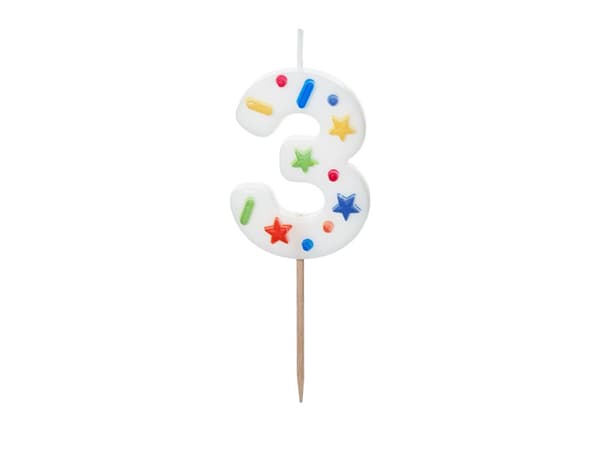 Fødselsdagslys Nummer "3", hvid konfetti, 5,5 cm