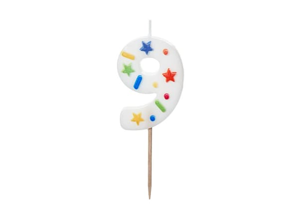 Födelsedagsljus Nummer "9", vit konfetti, 5,5 cm