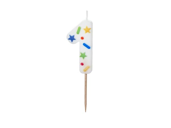 Fødselsdagslys Nummer "1", hvid konfetti, 5,5 cm